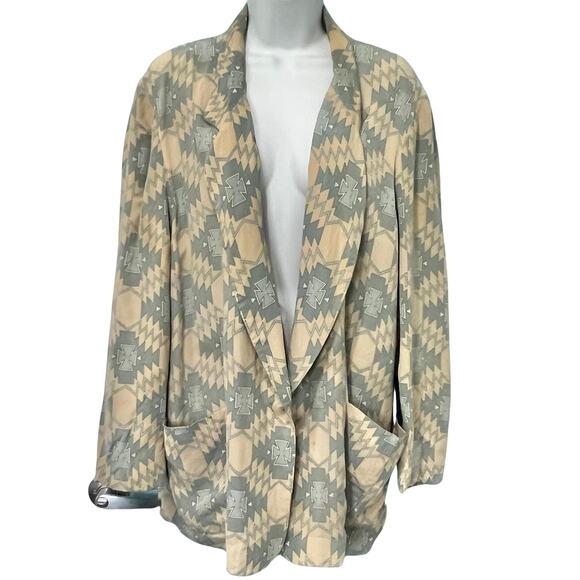Vintage 80s Alfred Sung 100% Silk Aztec Tan Sage Green Boxy Blazer Size L *GOOD* - Picture 1 of 16